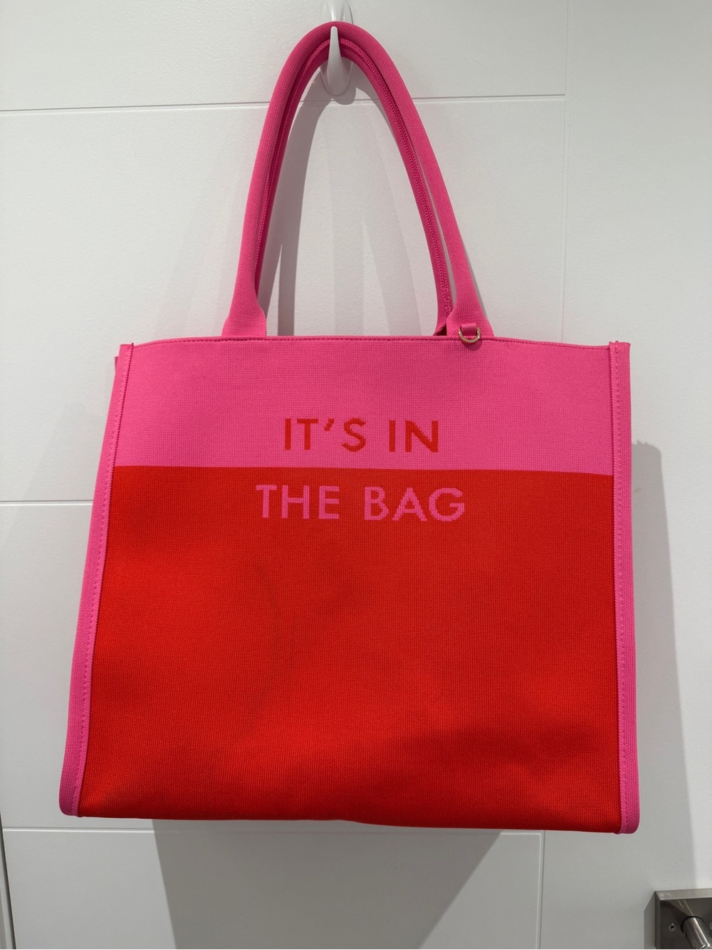 Pink and Red Colorblock Tote Bag with 'IT'S IN THE BAG' Slogan